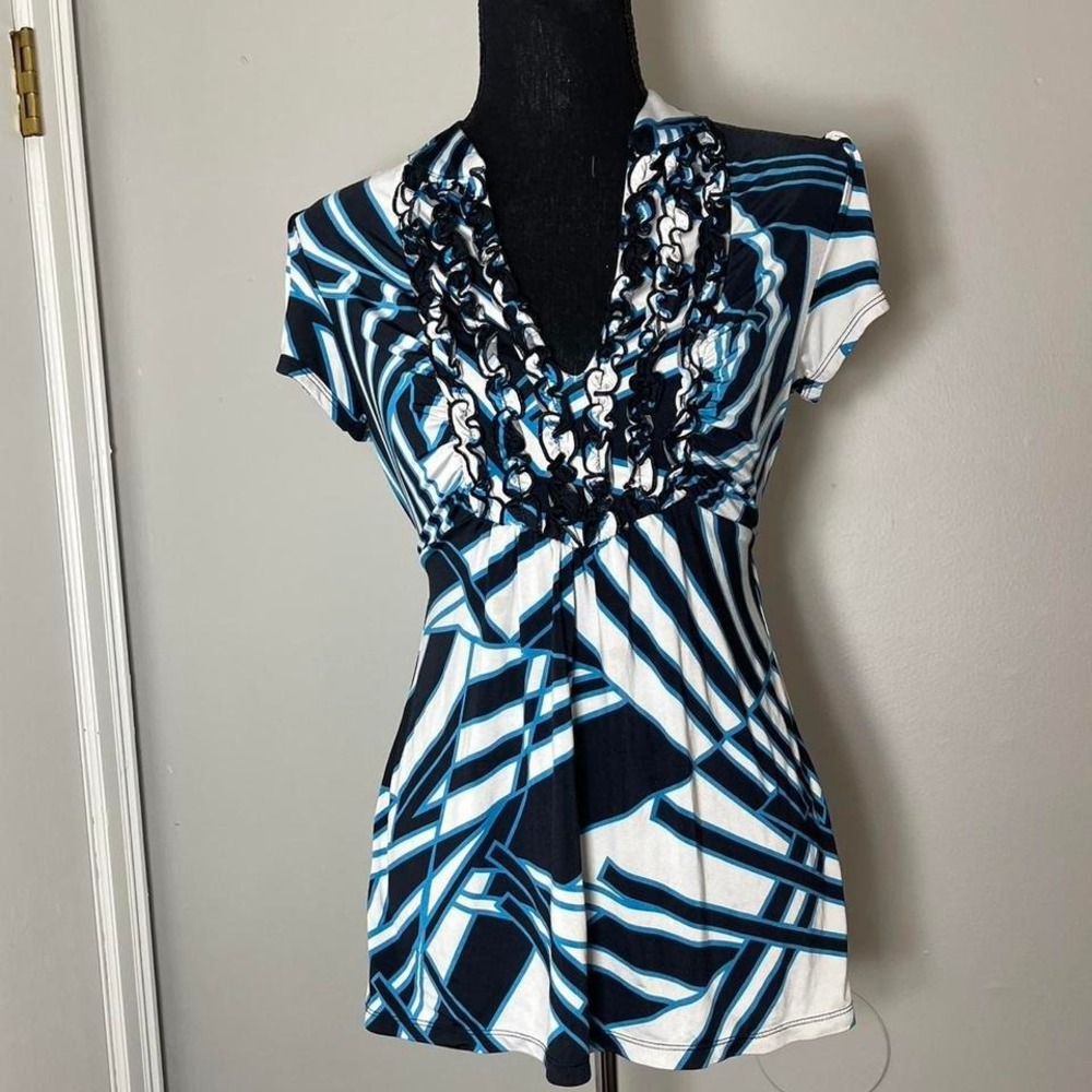 black, blue, and white babydoll top w/ tie waist and ruffle neckline detailing